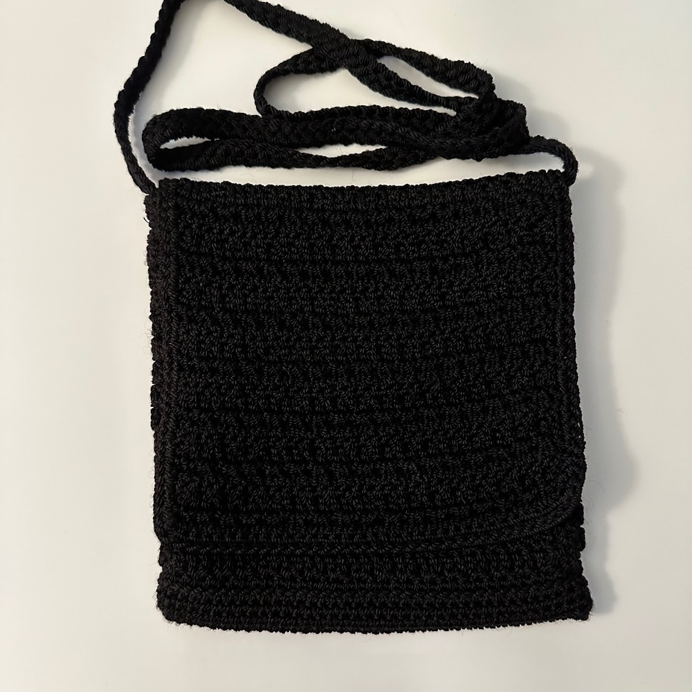 The Sak Mini Crossbody Bag Black crochet with flap and zip closure